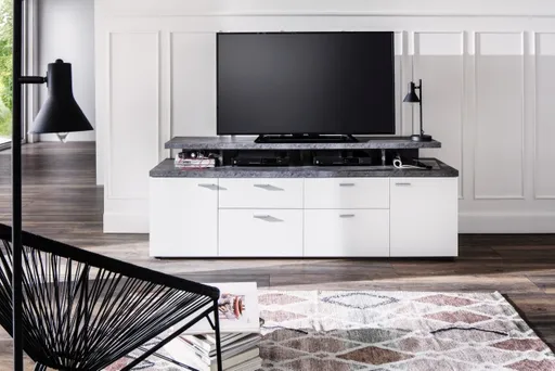 TV-Lowboard - B ca. 180 cm, Weiß, Stone dunkel Nachbildung