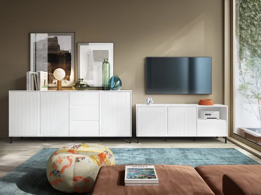 TV-Lowboard - B ca. 158 cm, Weiß, Weiß Hochglanz