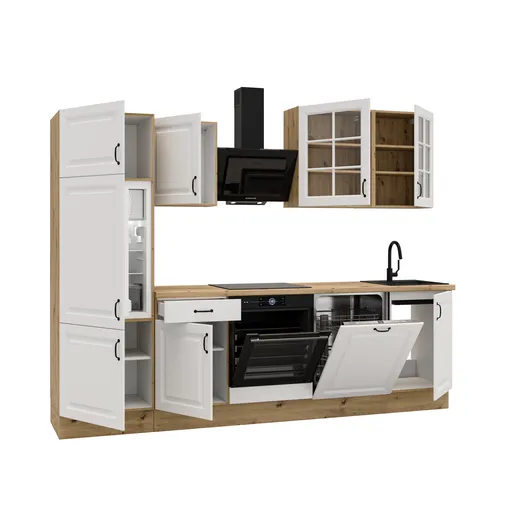 Küchenblock- ohne E-Geräte, B ca. 280 cm, Eiche Dekor, Weiß, Matt