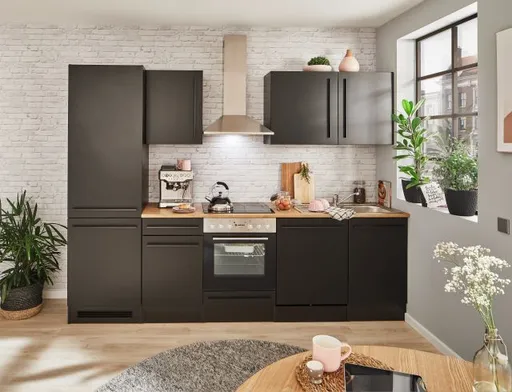 Küchenblock- Inkl. E-Geräte, B ca. 280 cm, Schwarz, Matt