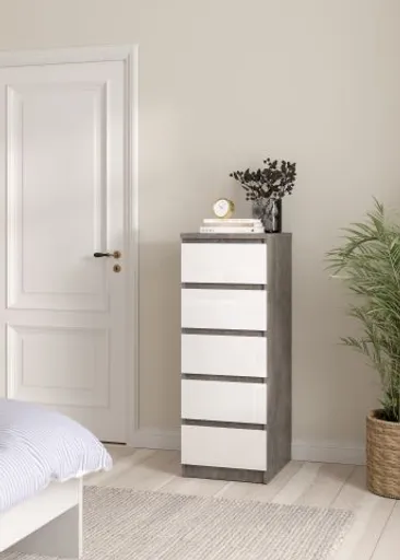 Kommode - B ca. 41 cm, Betonoptik, Weiß Hochglanz