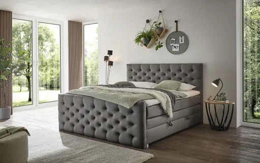 Boxspringbett SANDRIN- Liegefläche ca. 180x200 cm, Stoff, Dunkelgrau, inkl. Stauraum und Fußteil