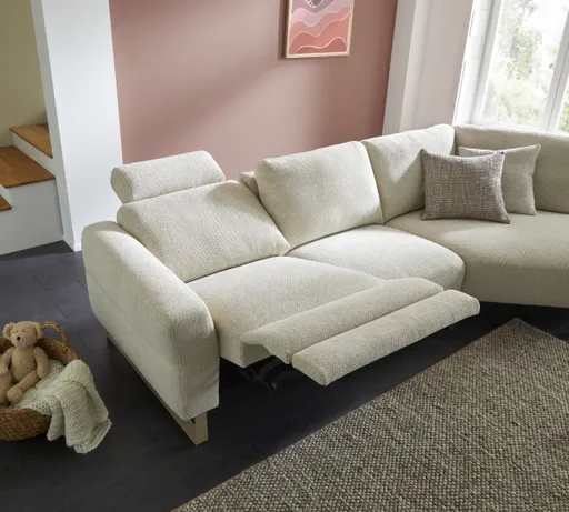 Ecksofa Leona - 2,5-Sitzer mit Ecke rechts inkl. Relaxfunktion motorisch, Stoff, Creme 