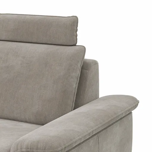 Ecksofa Tulsa KS - 1,5-Sitzer mit Anstellhocker aufklappbar links, Spitzecke und 2,5-Sitzer rechts, inkl. Kopfstütze, AL verstellbar und Schlaffunktion, Stoff, Graubeige