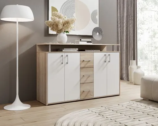 Highboard - B ca. 139 cm, Sonoma Eiche Nachbildung, Weiß