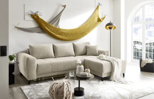 Ecksofa JONI - 2-Sitzer, Ecke rechts inkl. Schlaffunktion mit Bettkasten, Stoff, Beige