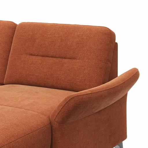 Wohnlandschaft Almyra - Ottomane links, 2,5-Sitzer inkl. Vorziehsitz (motorisch), Longchair rechts inkl. Bettkasten und Armlehne klappbar, Stoff, Kupfer