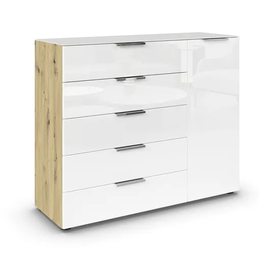Kommode RIPP- Eiche Dekor, Glas, Weiß