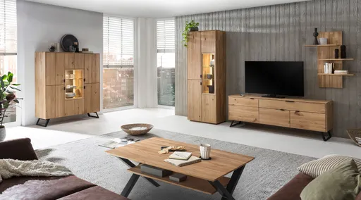 Highboard - mit Beleuchtung, Wildeiche Bianco Massiv, Steinrückwand