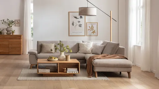 Ecksofa Tulsa KS - 2,5-Sitzer, Spitzecke und 1,5-Sitzer mit Anstellhocker rechts, Stoff, Graubeige