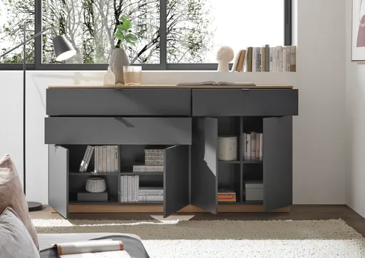 Sideboard- Anthrazit, Eiche Dekor