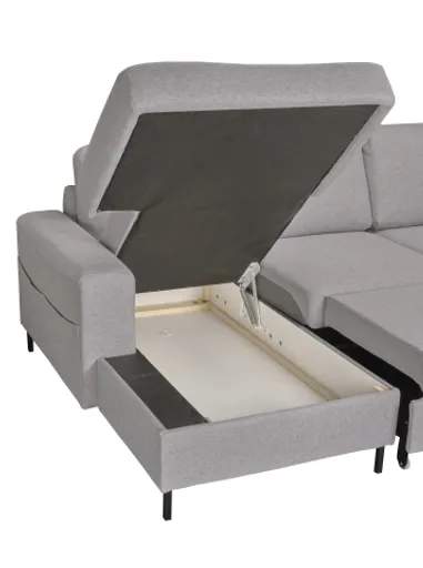 Wohnlandschaft - Longchair links, 2-Sitzer, Ecke rechts inkl. Schlaffunktion und Bettkasten, Stoff, Hellgrau