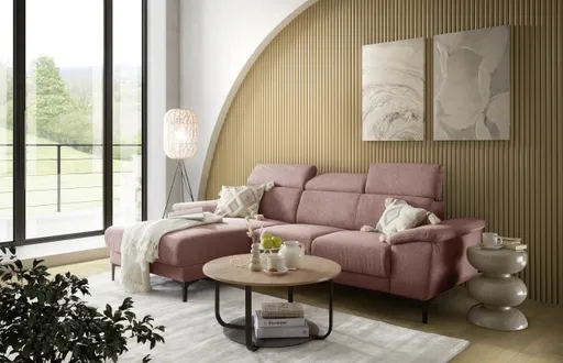 Ecksofa EZRA - Ecke links, 2-Sitzer inkl. Kopfteilverstellungen, Sitzvorzug, Stoff, Koralle
