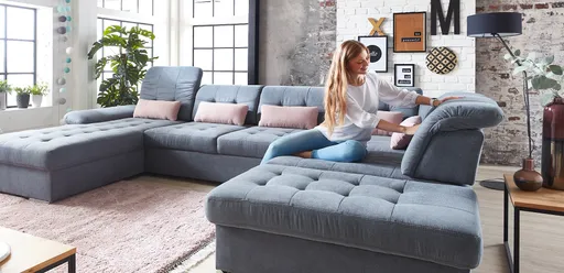 Wohnlandschaft - Longchair links, 3-Sitzer, Ecke rechts inkl. Kopfteilverstellung, Armteilverstellung in Flachgewebe blaugrau