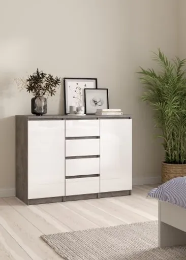 Kommode - B ca. 121 cm, Betonoptik, Weiß Hochglanz