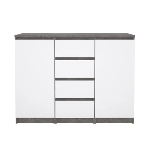 Kommode - B ca. 121 cm, Betonoptik, Weiß Hochglanz