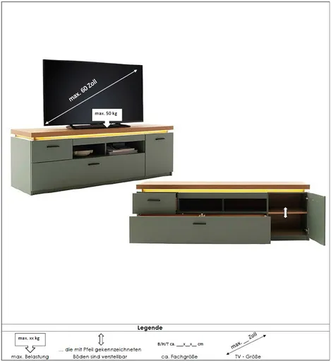 TV-Lowboard - mit Beleuchtung, B ca. 156 cm, Salbeigrün, Eiche Evoke Nachbildung