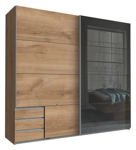 Schwebetürenschrank- Eiche Dekor, Graphit, Glas, Grau