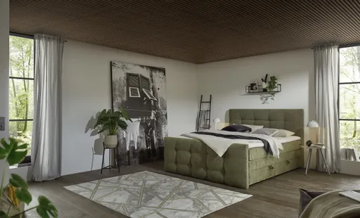 Boxspringbett SANDRIN- Liegefläche ca. 200x200 cm, Stoff, Grün,  inkl. Stauraum und Fußteil