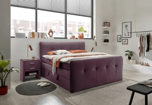 Boxspringbett HOLLIE- Liegefläche ca. 180x200 cm, Stoff, Brombeer, inkl. Topper