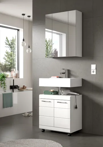 Waschbeckenunterschrank - B ca. 60 cm, Weiß, Weiß Hochglanz