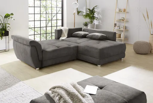 Polsterecke - 1,5-Sitzer, Longchair rechts inkl. Schlaffunktion mit Bettkasten, 3 Rückenkissen und 3 Nierenkissen, Stoff Grau
