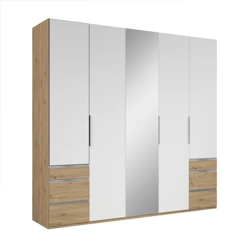Drehtürenschrank- B ca. 250 cm, Eiche Dekor, Weiß, Spiegel