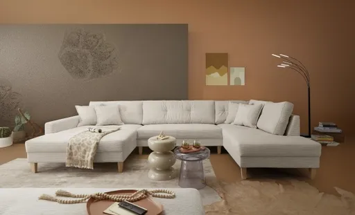 Wohnlandschaft - Longchair links, 2-Sitzer, Ecke rechts, Stoff, Creme