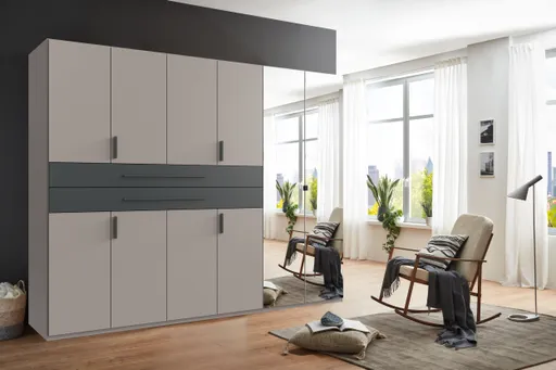 Drehtürenschrank- B ca. 270 cm, Saharagrau, Grafit, Spiegel