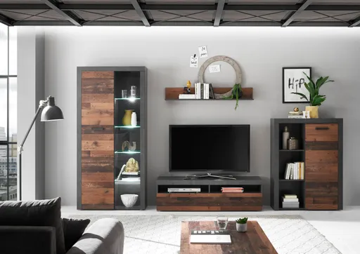 Wohnwand - mit Beleuchtung, Vintage Dekor, Betonoptik Dunkelgrau