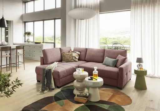 Ecksofa EDWIN - 2-Sitzer, Ecke rechts inkl. Schlaffunktion und Bettkasten, Stoff, Koralle