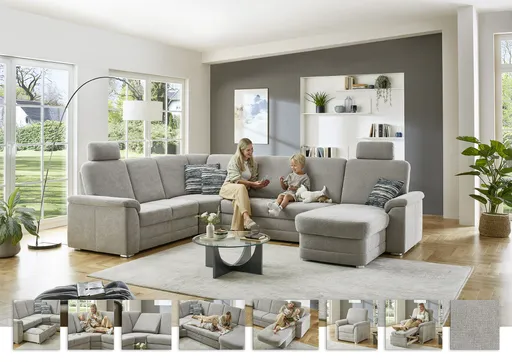 Wohnlandschaft  - Ecke links mit 2,5-Sitzer und Longchair rechts, Stoff Alufarben