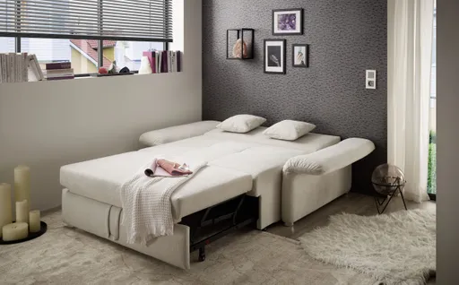 Sofa JORDEN - 1,5-Sitzer inkl. Schlaffunktion mit Bettkasten, verstellbare Armlehnen, Stoff, Beige