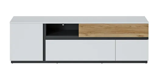 TV-Unterteil - B ca. 210,5 cm, Weiß, Eiche Nachbildung, Schwarz matt