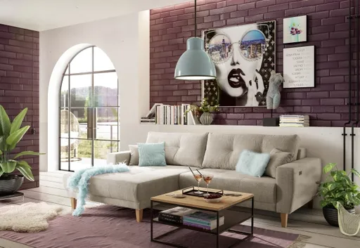 Ecksofa - Ecke links, 3-Sitzer inkl. elektrische Sitztiefenverstellung, Stoff, Graubeige