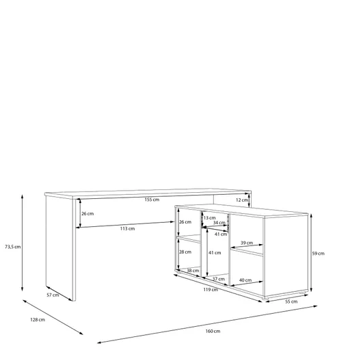 Schreibtisch- LB ca. 160x128 cm, Weiß, Eiche Dekor