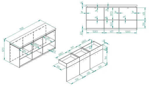 Sideboard - mit Beleuchtung, B ca. 156 cm, Salbeigrün, Eiche Evoke Nachbildung