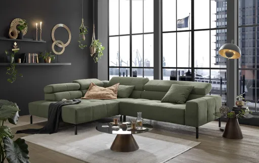 Ecksofa COLLEEN - Ecke links und 2-Sitzer, Sitzvorzug motorisch, Feincord, Olive