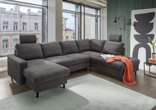 Wohnlandschaft - Longchair mit 2-Sitzer und Ecke rechts, Liegefunktion, Stoff, Anthrazit