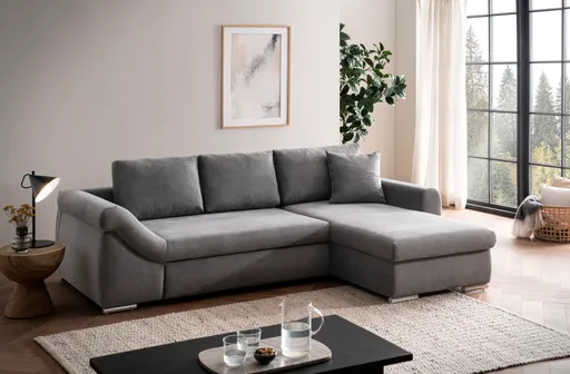 Ecksofa - 2-Sitzer, Ecke rechts inkl. Schlaffunktion mit Bettfunktion, Stoff, Ash