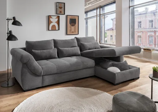 Ecksofa - 2-Sitzer mit Longchair rechts, Schlaffunktion, Cord, Grau