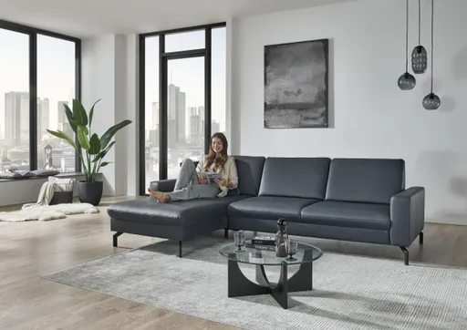 Ecksofa - Longchair links mit 3-Sitzer, Leder, Blau