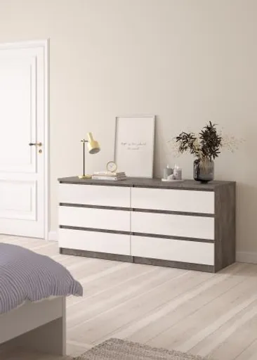 Kommode - B ca. 154 cm, Betonoptik, Weiß Hochglanz