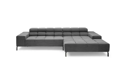 Ecksofa CLIVIA - 2-Sitzer mit Longchair rechts, Kopfteil verstellbar, Feincord,  Anthrazit
