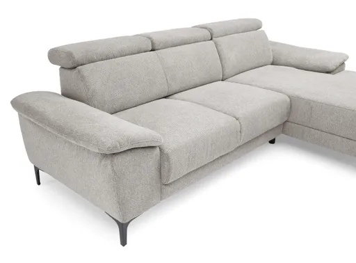 Ecksofa EZRA - 2-Sitzer, Ecke rechts inkl. Kopfteilverstellungen, Sitzvorzug, Relaxfunktion, Stoff, Hellgrau