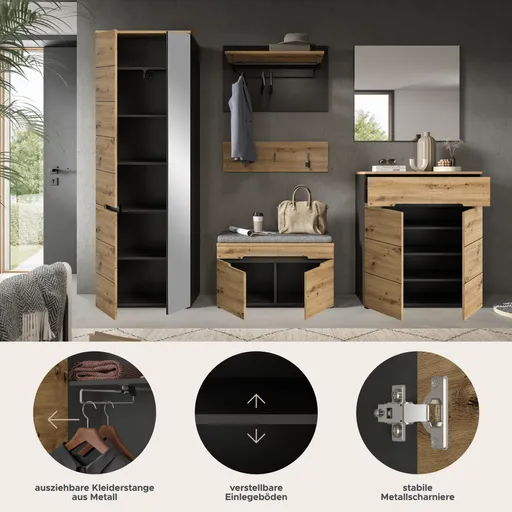 Garderobe - inkl. Sitzkissen, Basalt grau, Artisan Eiche Nachbildung