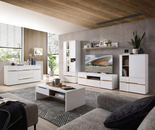 Wohnwand - mit Beleuchtung, Weiß, Artisan Eiche Nachbildung