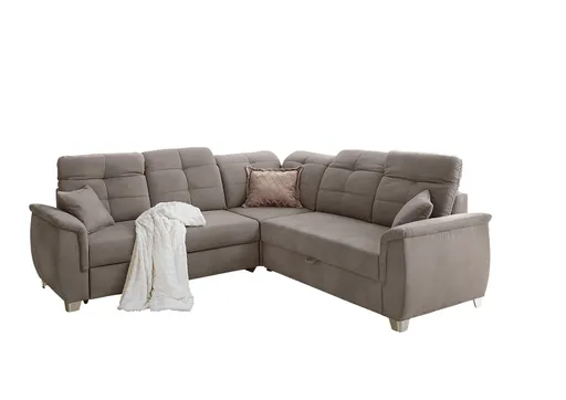 Ecksofa - 2-Sitzer, Ecke rechts inkl. Schlaffunktion mit Bettkasten, 6 Kopfteilverstellungen, 3 Kissen, Stoff Hellbraun