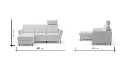 Ecksofa Vayra - Longchair links mit 2,5-Sitzer rechts, inkl. Relaxfunktion (motorisch) und Kopfstütze verstellbar (manuell), Stoff, Offwhite