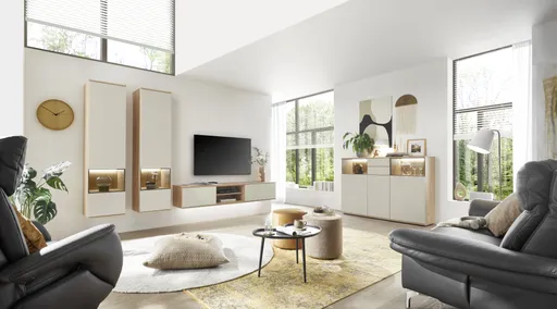 Wohnwand EM Gradina - mit Beleuchtung, Risseiche, Sandbeige